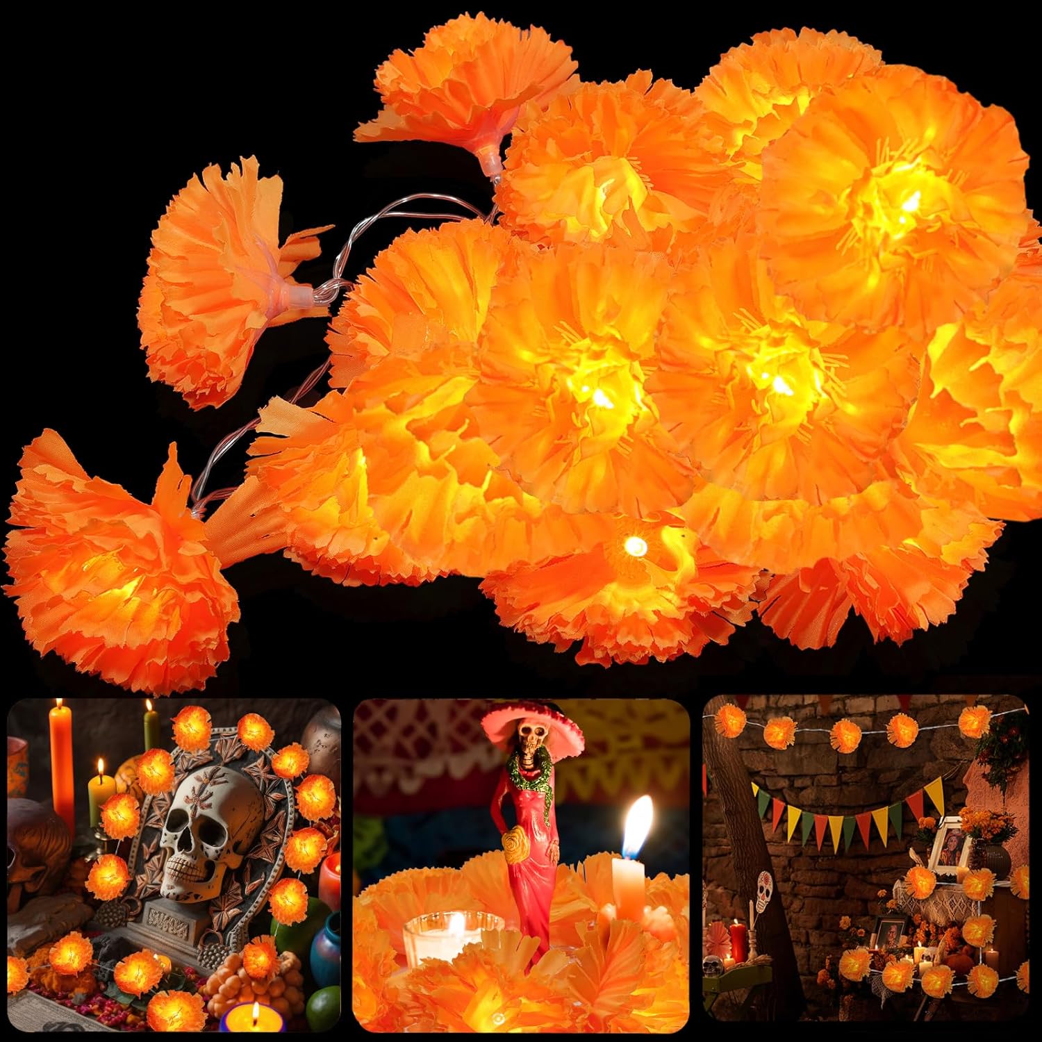 3 Pack Lighted Marigold Garland 10 LED Artificial Marigold Flowers String Lights Dia de Los Muertos Day of The Dead Decorations for Halloween Diwali Indian Party (3, 5 Ft 10 LED)