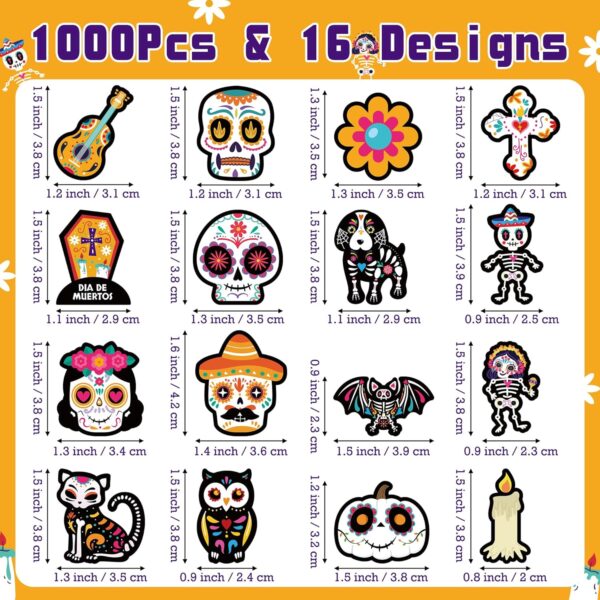 BeYumi Sugar Skull Roll Stickers - 1000Pcs Day of The Dead Stickers in 2 Rolls Dia de Los Muertos Sugar Skull Decals for Kids Halloween Mexican Festival Party Supplies Classroom Guitar Bottle Decor - Image 2