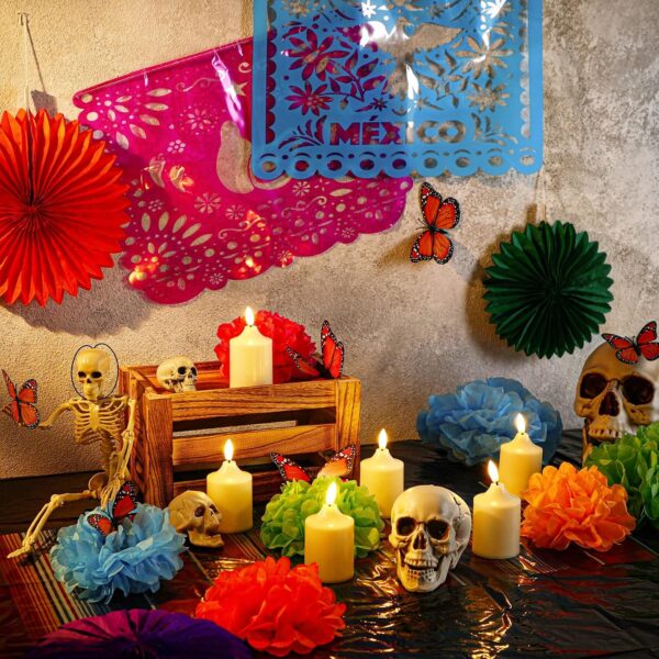 Newwiee 82 Pcs Day of the Dead Altar Decoration Kit Dia De Muertos Disposable Tablecloth Flameless LED Candle Paper Marigold Flower Fan Butterfly Mexican Papel Picado Banner Supplies (Multicolor) - Image 7