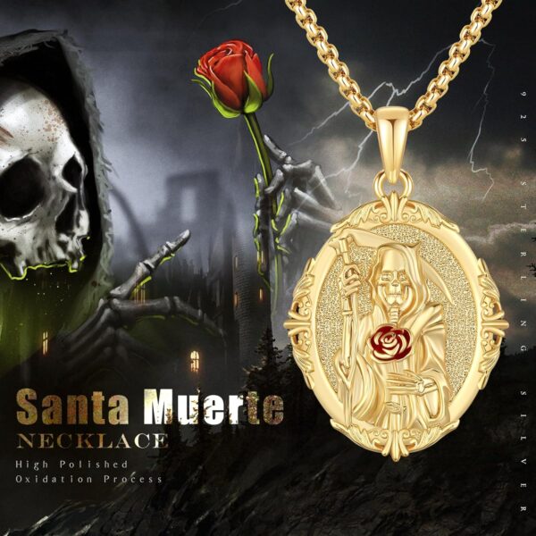 Santa Muerte Necklace 925 Sterling Silver Unisex Holy Death Pendant Vintage Grim Reaper Santa Muerte Amulet Necklace Jewelry for Women Men with Jewelry Box - Image 6