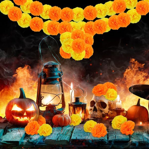 Artificial Marigold Flowers - 50 Pcs Halloween Decoration Orange Marigold Head Silk Fake Paper Flowers Garland Dia De Los Muertos Decor for Festival Backdrop (Orange) - Image 5