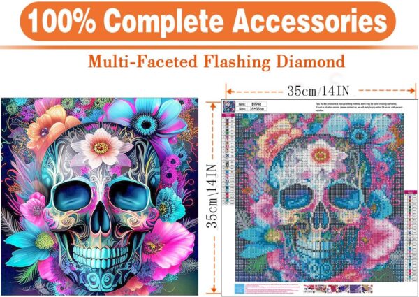 igoodom Skull Flower Diamond Painting Kits for Adults, Sugar Skull Diamond Art Kit Beginners DIY 5D Full Drill Round Skeleton Diamond Painting Gem Art for Home Wall Decor Gift 13.78 X 13.78 Inch - Image 2