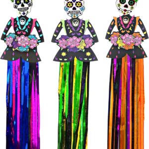 4E's Novelty Day of The Dead Hanging Decorations, 36" Dia de Los Muertos Decor Banner (3ft Tall) for Party Decorations Home Indoor Outdoor Supplies, Halloween Sugar Skull Décor - Pack of 3