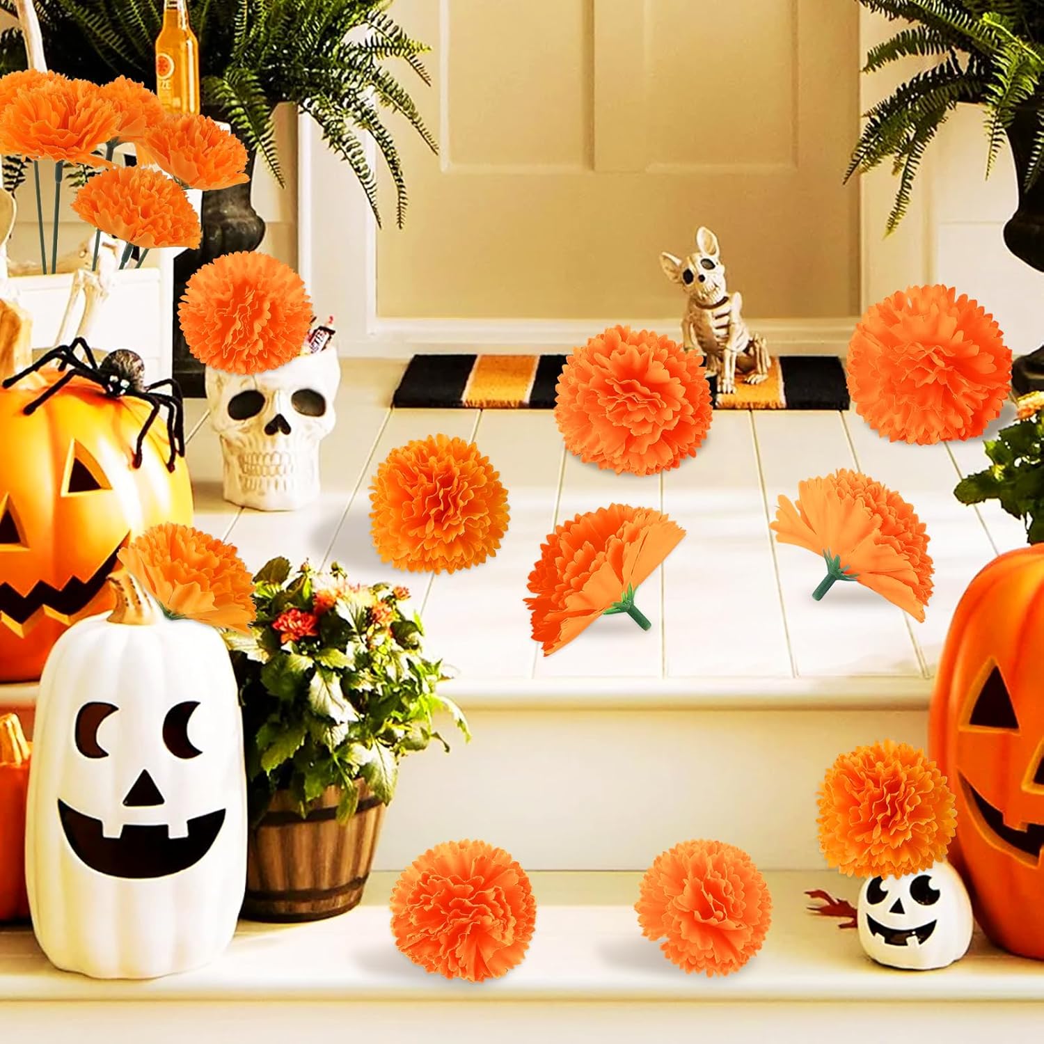 Hananona 50Pcs Artificial Marigold Flower Heads, Silk Marigold Heads Bulk Fake Flowers for Dia De Los Muertos Decor DIY Marigold Garland Day of The Dead Decorations - Image 5