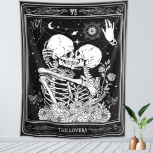 KJHL The Lovers Skull Tapestry Wall Hanging Black Gothic Witchy Tapestry Dark Vertical Skeleton Tapestries Aesthetic for Bedroom Living Room Decor 48ʺ x 36ʺ