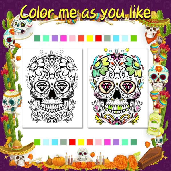 32 Pieces Day of The Dead Coloring Posters Sugar Skull Paper Coloring Poster for Kids or Adults Halloween and Dia De Los Muertos Craft Painting Activity - Image 4