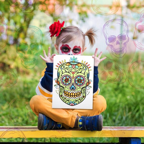 32 Pieces Day of The Dead Coloring Posters Sugar Skull Paper Coloring Poster for Kids or Adults Halloween and Dia De Los Muertos Craft Painting Activity - Image 6