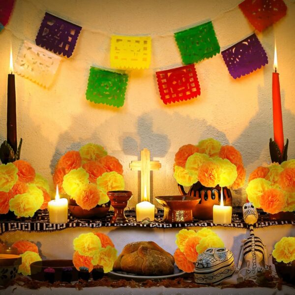 Artificial Marigold Flowers - 50 Pcs Halloween Decoration Orange Marigold Head Silk Fake Paper Flowers Garland Dia De Los Muertos Decor for Festival Backdrop (Orange) - Image 6