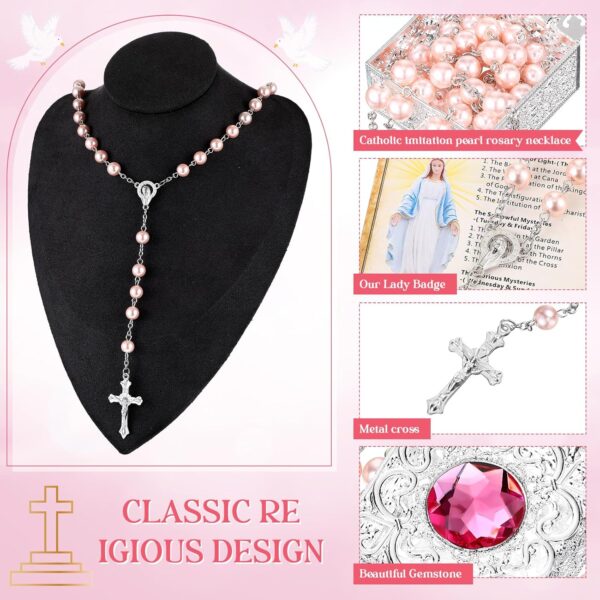 Quelay Rosary Beads Catholic for Women Pearl Rosary Catholic Necklace with Pray Card First Communion Gifts - Image 6