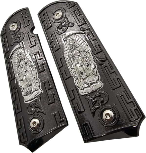 1911 Full-Size Metal Grips with Ambi Safety Cut - Santa Muerte Black and Silver Design, Intricate Patterns, Fits 1911 Government/Commander Models - Image 2