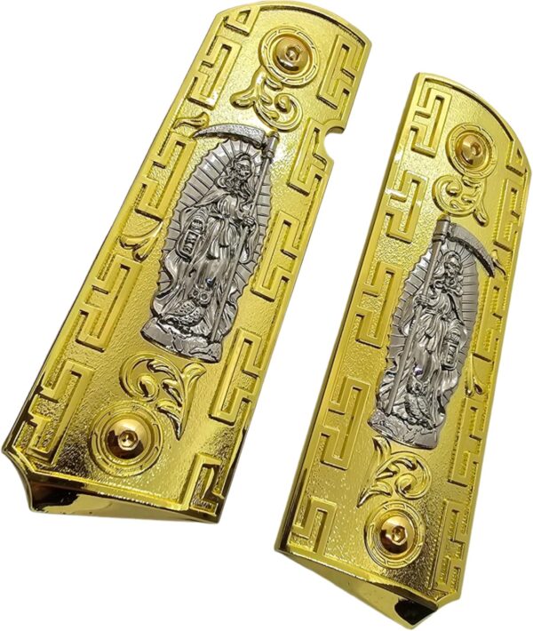 1911 Full-Size Metal Grips with Ambi Safety Cut - Santa Muerte Gold and Silver Design, Intricate Patterns, Fits 1911 Government/Commander Models - Image 5