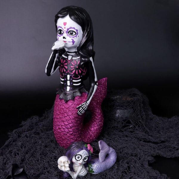 Needzo Large Dia De Los Muertos Sugar Skull Mermaid, Catrinas Mexicanas Tabletop Figurine, of The Dead Halloween Decorations, 13.5 Inches - Image 7