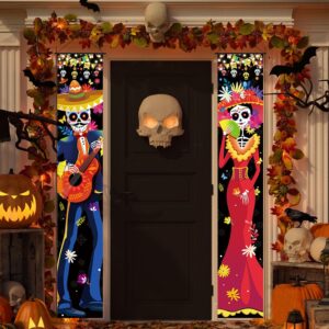 2PCS Day of The Dead Decorations, Dia De Muertos Decor Banner Mexican Dia De Los Muertos Porch Sign Decor Welcome Hanging Door Banner Mexican Party Decorations Outdoor Indoor 12 x 75 Inch