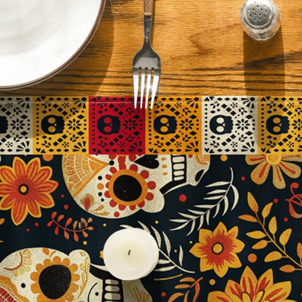 Artoid Mode Sugar Skull Yellow Daisy Day of The Dead Table Runner, Dia De Los Muertos Mexican Kitchen Dining Table Decoration for Home Party Decor 13x72 Inch - Image 7