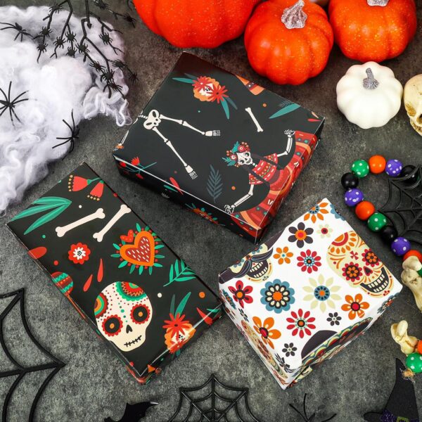 JarThenaAMCS 8 Sheet Day of the Dead Wrapping Paper - Not Roll- Mexican Skull Floral Gift Wrap Paper Folded Flat Dia De Los Muertos Art Paper for DIY Crafts, 19.7 x 27.6 Inch - Image 4