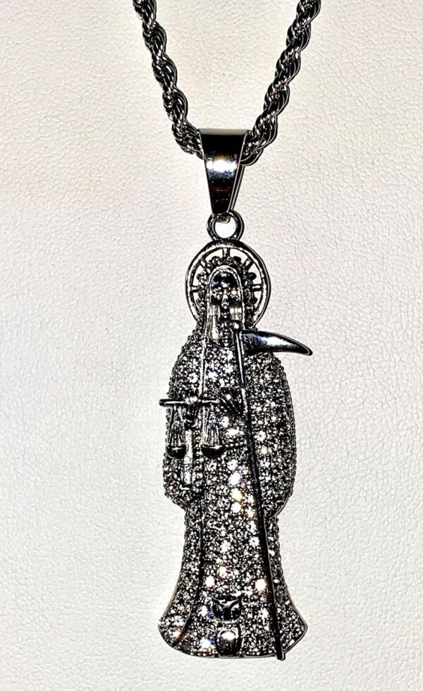 Iced Santa Muerte Men Women 14k White Gold Finish Pendant Stainless Steel Real 3 mm Rope Chain Necklace, Mens Jewelry, Iced Pendant, Rope Necklace Prime Delivery - Image 4