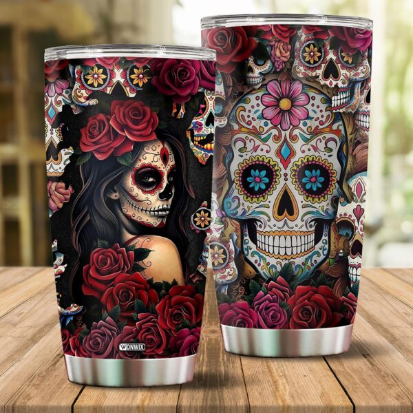 Sugar Skull Gifts for Women Insulated 20oz Stainless Steel Coffee Cup Travel Mug Water Bottle Tumbler With Lid Thermos Tattoo Girls Wife Daughter Mom - Image 2