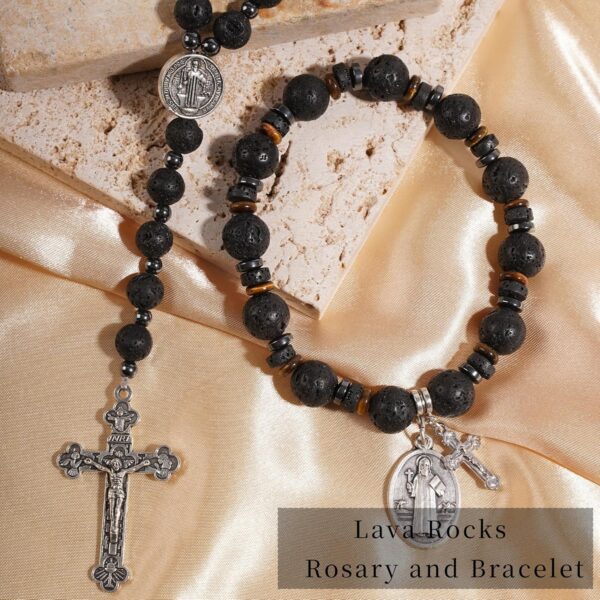 Rosary Beads Catholic, 8mm Lava Rocks Rosary Black Beads Necklace with 10mm Lava Rocks St Benedict Cross Bracelet, Rosarios Catolicos Triple Protection Necklace Bracelet Jewelry Sets Catholic Gifts - Image 5