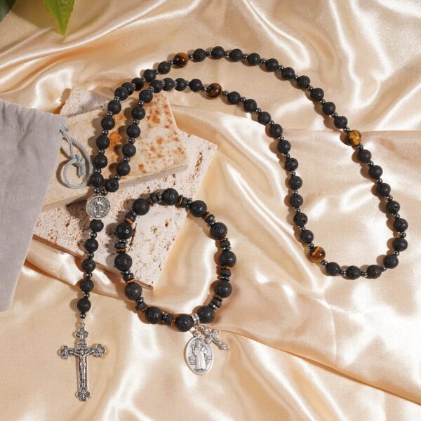 Rosary Beads Catholic, 8mm Lava Rocks Rosary Black Beads Necklace with 10mm Lava Rocks St Benedict Cross Bracelet, Rosarios Catolicos Triple Protection Necklace Bracelet Jewelry Sets Catholic Gifts - Image 4
