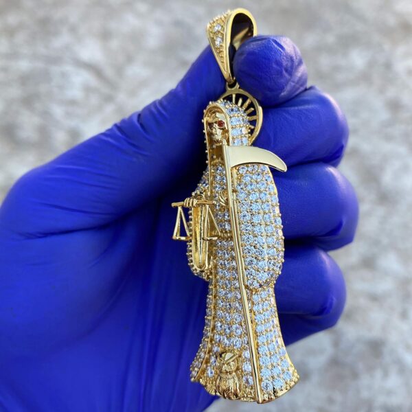HOMIEBUDS XGATML Nuestra Señora De La Santa Muerte Pendant Holy Death Iced Micro Pave Bling 24K Gold Finish Charm 3.5" inch - Image 4