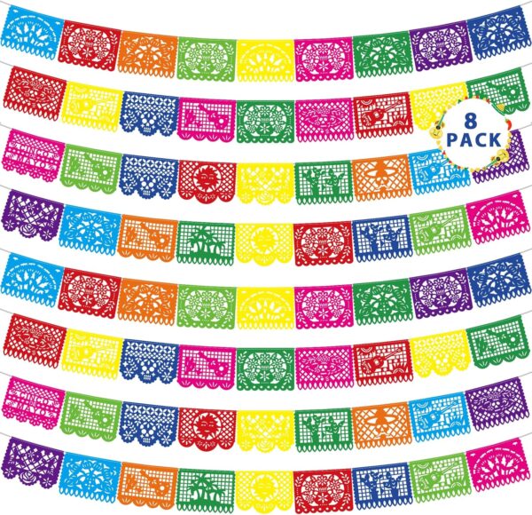 144FT Cinco De Mayo Party Decorations, 8 Pack Fiesta Banner with 9 Plastic Papel Picado, Colorful Mexican Theme Party Flag Banner Dia De Los Muertos Day of the Dead Hanging Decor Home Party Supplies