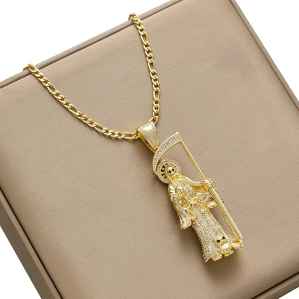 14K Gold Plated Brass Cubic Zirconia Skull Holy Death Sanit La Santa Muerte Charm Pendant Necklace Jewelry - Image 5