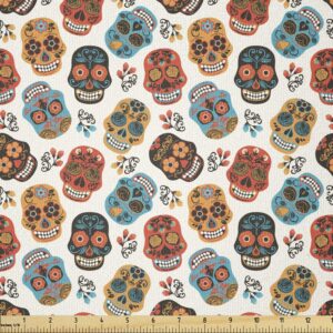 Lunarable Skull Fabric by The Yard, Dia De Los Muertos Day of The Dead Pattern with Vibrant Color Palette Floral, Stretch Knit Fabric for Clothing Sewing and Arts Crafts, 3 Yards, Ceil Blue White