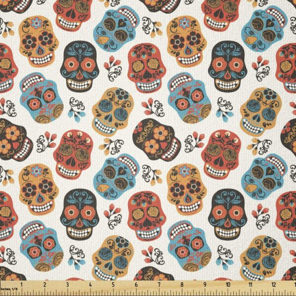 Lunarable Skull Fabric by The Yard, Dia De Los Muertos Day of The Dead Pattern with Vibrant Color Palette Floral, Stretch Knit Fabric for Clothing Sewing and Arts Crafts, 3 Yards, Ceil Blue White