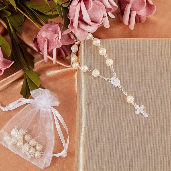 30 Pieces Mini Rosaries Baptism Rosary Beads Acrylic Ivory Color Finger Baptism Rosaries Faux Pearls with Organza Bags for Christening Weddings Party Favors - Image 3