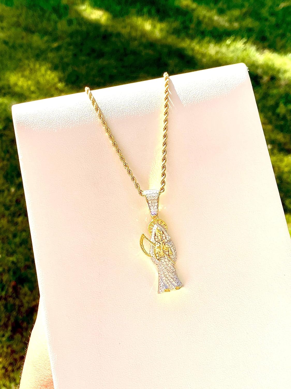 Iced Santa Muerte Men Women 925 Italy Gold Finish Iced Silver Charm Ice Out Pendant Stainless Steel Real 3 mm Rope Chain, Mans Jewelry, Iced Pendant, Rope Necklace 16"- 24" - Image 6