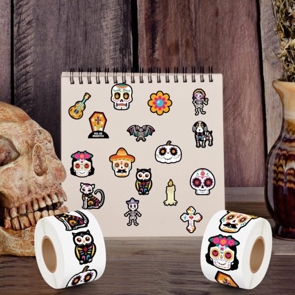 BeYumi Sugar Skull Roll Stickers - 1000Pcs Day of The Dead Stickers in 2 Rolls Dia de Los Muertos Sugar Skull Decals for Kids Halloween Mexican Festival Party Supplies Classroom Guitar Bottle Decor - Image 4