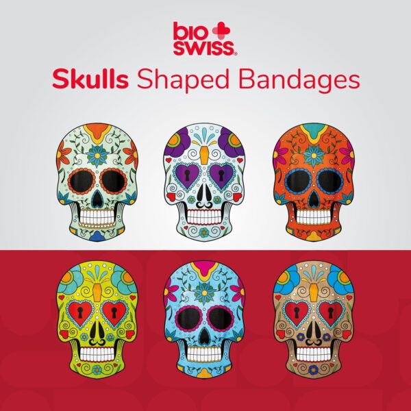 BioSwiss Bandages, Sugar Skull Shaped Self Adhesive Bandage, Latex Free Sterile Wound Care, Fun First Aid Kit Supplies for Kids, 24 Count - Image 3