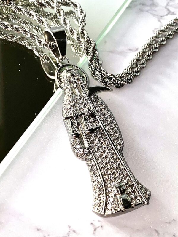 Iced Santa Muerte Men Women 14k White Gold Finish Pendant Stainless Steel Real 3 mm Rope Chain Necklace, Mens Jewelry, Iced Pendant, Rope Necklace Prime Delivery - Image 2