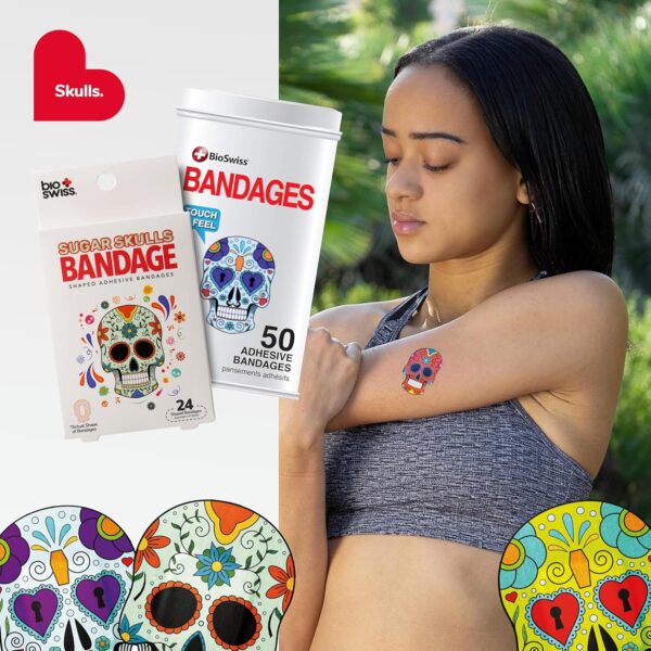 BioSwiss Bandages, Sugar Skull Shaped Self Adhesive Bandage, Latex Free Sterile Wound Care, Fun First Aid Kit Supplies for Kids, 24 Count - Image 6