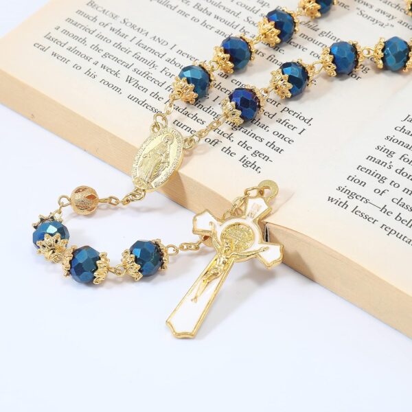 Nazareth Store St. Benedict Deep Blue Crystal Beads Rosary Prayer Necklace Golden Miraculous Medal & Gold Enamel Cross - Image 5
