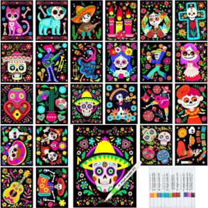 Zhanmai Pack of 48 Mexican Fiesta Skull Velvet Coloring Posters and Watercolor Pens Holiday Muertos Fuzzy Velvet Coloring Posters for Adults Teenagers Large Poster Arts Crafts