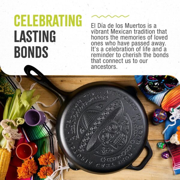 Victoria 12-Inch Day of the Dead La Calaca Cast Iron Skillet, Dia de los Muertos Seasoned Cast Iron Frying Pan with Long Handle, Made in Colombia - Image 5