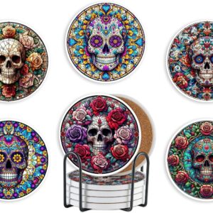 Skull Coaster, Ceramic, Set of 6, with Gift Box, Absorbent with Cork Base, Gifts for Skull Lovers, Home Decor for Mexicans, The Day of Dead, Birthday, Christmas
