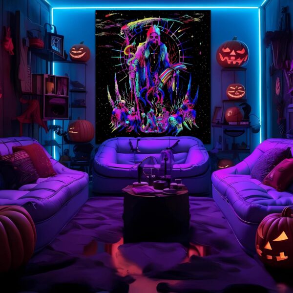 Avinyl Blacklight Skull Tapestry for Bedroom, Black Light Grim Reaper Skeleton Tapestries for Men, UV Reactive Cool Gothic Poster Wall Hanging for Girls Living Room Dorm Decor (51in x 60in) - Image 2