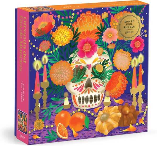 Galison Ofrenda Día de Muertos – 500 Piece Foil Jigsaw Puzzle Featuring Beautiful Artwork of Day of The Dead Alter with Colorful Candles and Flowers
