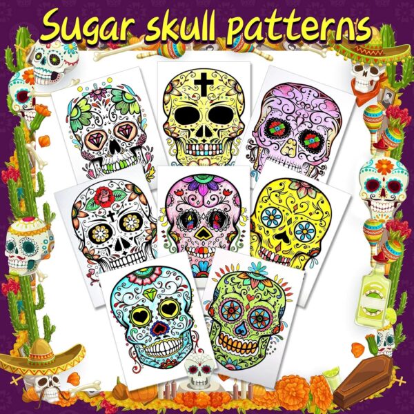 32 Pieces Day of The Dead Coloring Posters Sugar Skull Paper Coloring Poster for Kids or Adults Halloween and Dia De Los Muertos Craft Painting Activity - Image 2