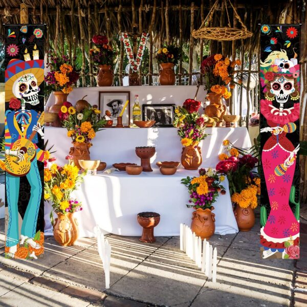 3 Pieces Day of the Dead Porch Sign, Mexican Dia De Los Muertos Party Door Decorations, Day of the Dead Sugar Skull Door Banner for Halloween Home Bathtub Birthday Fiesta Party, 11.8 x 70.9 Inches - Image 6
