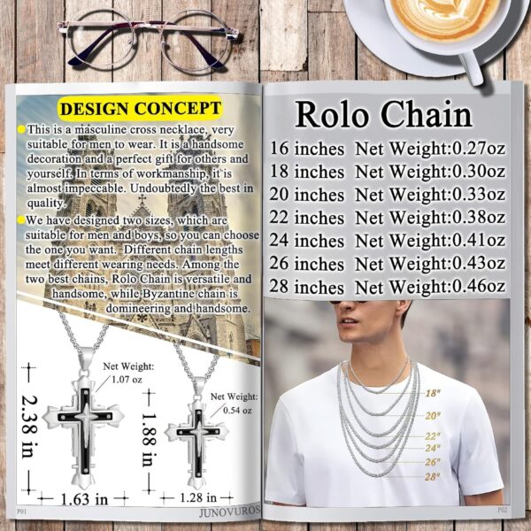JUNOVUROS Stainless Steel Jesus Christ Cross Pendant Necklace for Men, 20 to 28 In Rolo/Byzantine Chain, 2 Sizes of Religious Jewelry with Silver/Gold/Black - Image 6