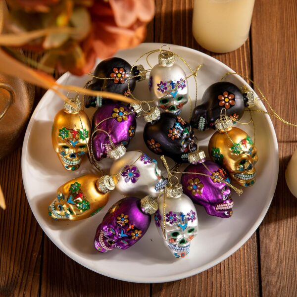 12 Pcs Day of The Dead Glass Ornaments- Dia De Los Muertos Sugar Skull Decorations- Halloween Hanging Skeleton Head Ornaments for Parties Xmas Tree Decoration - Image 6