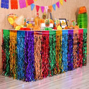 Mega-L Cinco de Mayo Decorations, 2 Pack Fiesta Party Wavy Metallic Tinsel Foil Fringe Table Skirts, Perfect Mexican Themed Decors for Mexican Taco Dia De Los Muertos Birthday Party Table Bar Decor