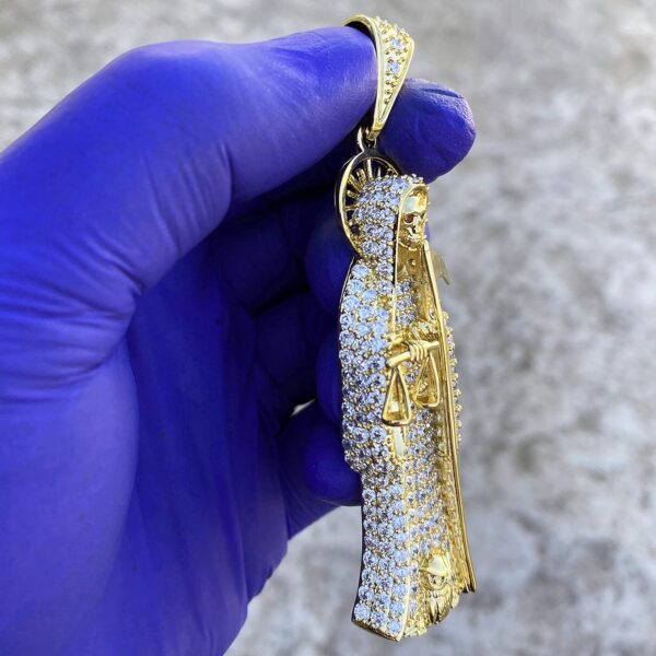HOMIEBUDS XGATML Nuestra Señora De La Santa Muerte Pendant Holy Death Iced Micro Pave Bling 24K Gold Finish Charm 3.5" inch - Image 3
