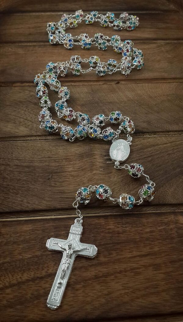 Nazareth Store Colorful Zirconia Crystal Beads Rosary Silver Catholic Necklace with Miraculous Medal Cross Crucifix Multicolor Rosaries in Velvet Bag - Image 4