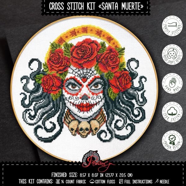 'Santa Muerte' Counted Cross Stitch Kit for Adults - DIY Needlework Set with Design Pattern - Halloween, Day of The Dead, Día de Los Muertos Embroidery Kit