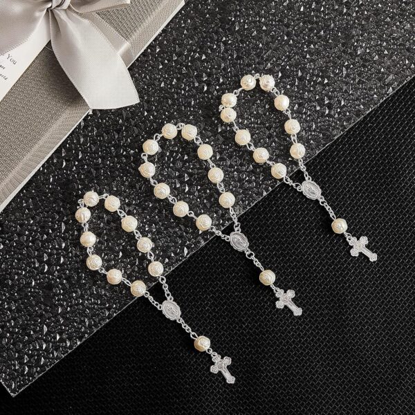 30 Pieces Mini Rosaries Baptism Rosary Beads Acrylic Ivory Color Finger Baptism Rosaries Faux Pearls with Organza Bags for Christening Weddings Party Favors - Image 5