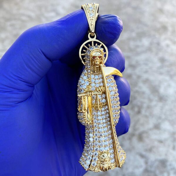 HOMIEBUDS XGATML Nuestra Señora De La Santa Muerte Pendant Holy Death Iced Micro Pave Bling 24K Gold Finish Charm 3.5" inch - Image 5
